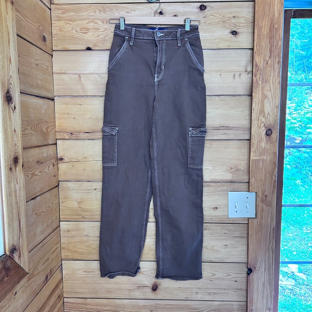 Cargo Jeans Women Size 25 Brown Ultra High Rise Dad Jean Straight Leg Hollister